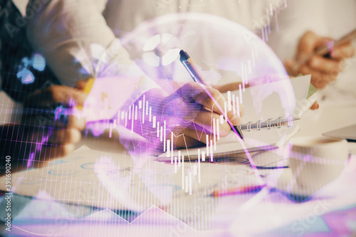 Double exposure of forex graph drawing over people taking notes background. Concept of financial analysis