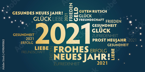 Frohes und gesundes neues Jahr - 2021 Neujahrsgrüße gold und dunkelgrün - Wünsche auf deutsch.
