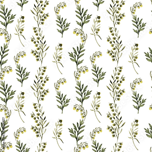 Watercolor seamless pattern with stylized twigs, flowers and leaves of the Wormwood plant