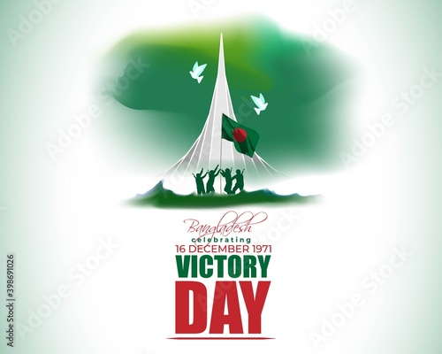 Vector illustration for Bangladesh victory day, national day, soldiers, flag hoisting, pigeon, mountain on abstract background with patriotic color theme and national building 