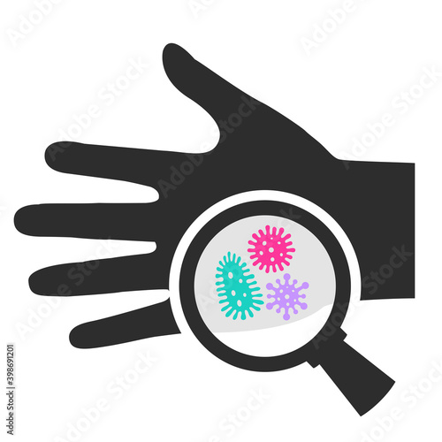 Magnifying glass and hand microbes vector icon