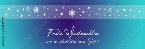 Frohe Weihanchten und ein glückliches neues Jahr als Hintergrund oder Grußkarte mit grafischen Elementen wie Sternen und Schneeflocken