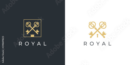 Royal gold key icon. Modern real estate logo template. Crossed classic keys symbol. Luxury hotel sign. Vector illustration.