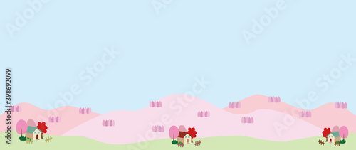 山や木々がピンクになった田舎の風景イラスト