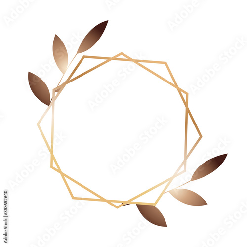 Abstract modern gold frame with tropical leaves plants. Scandinavian line style polygonal glitter triangles, geometric, diamond shapes. Vector illustration