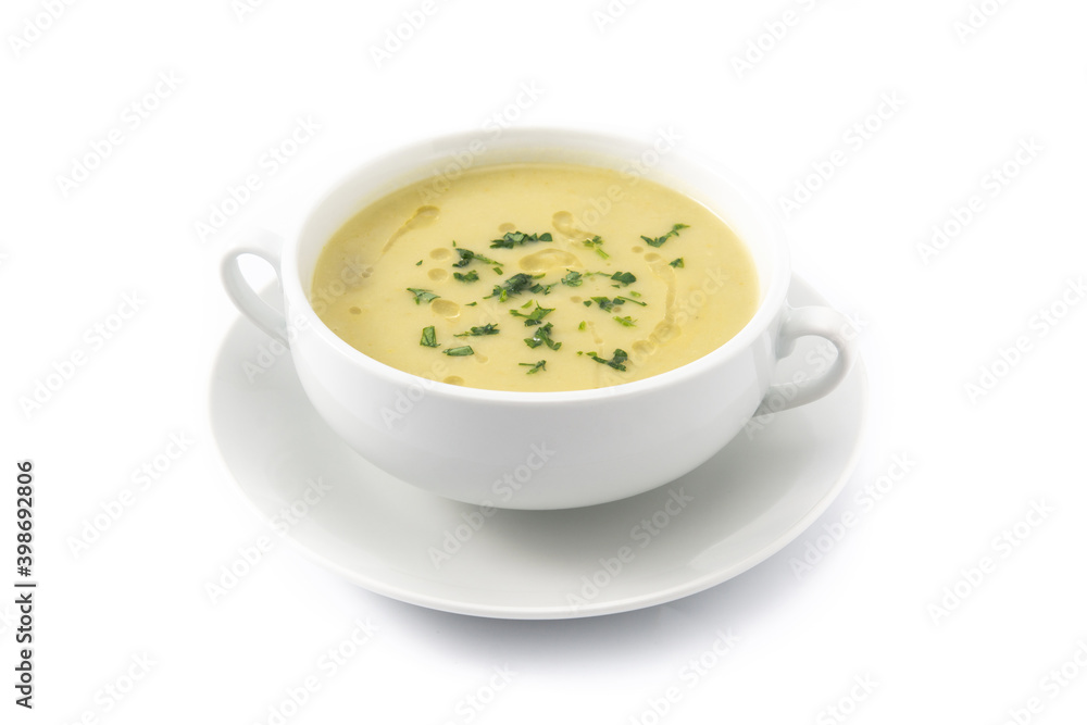 Fresh green asparagus soup isolated on white background Fresh green asparagus soup isolated on white background