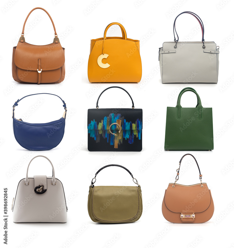 group of multicolored leather purses isolated on white background group of multicolored leather purses isolated on white background
