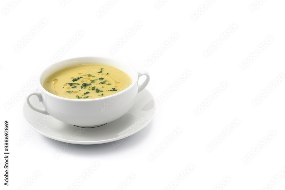 Fresh green asparagus soup isolated on white background.Copy space Fresh green asparagus soup isolated on white background.Copy space