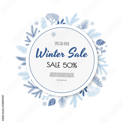 Christmas, new year, winter sale banner. Poster, background, flyer, invitation card, template design with snowflakes.