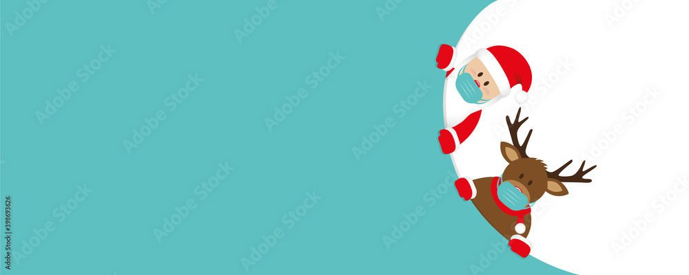 Fototapeta premium red christmas banner with cute santa claus and deer with face mask vector illustration EPS10