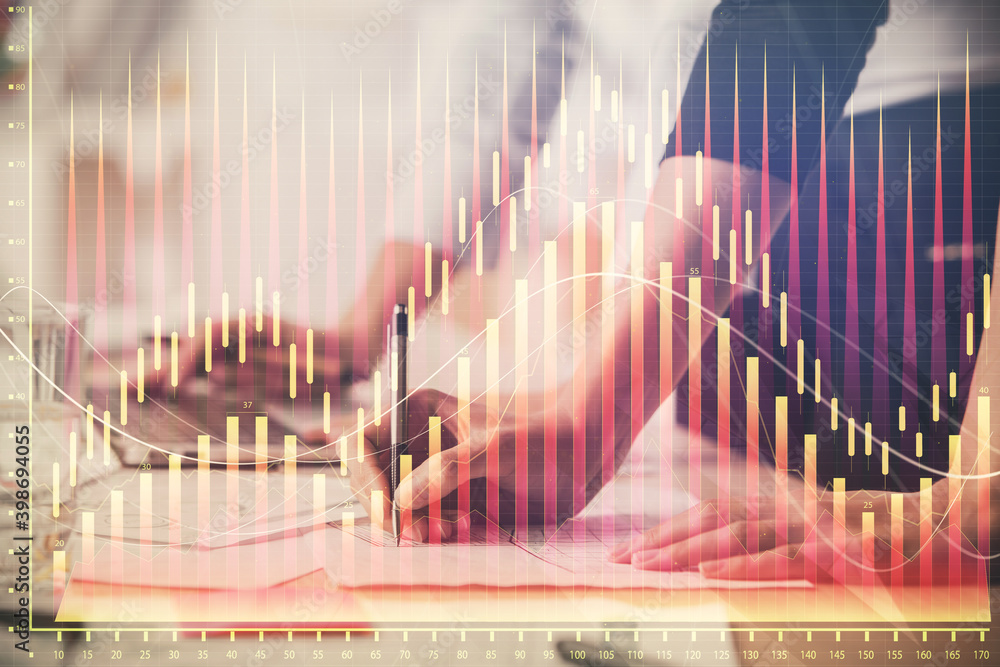 Multi exposure of woman hands typing on computer and financial chart hologram drawing. Stock market analysis concept. Multi exposure of woman hands typing on computer and financial chart hologram drawing. Stock market analysis concept.
