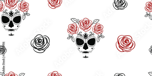 Deadly image of Santa Muerte with roses. Seamless pattern for fashion prints, fabrics, wallpapers, wrapping paper, bed linen. Modern pagan cult in Mexico.  Vector illustration.