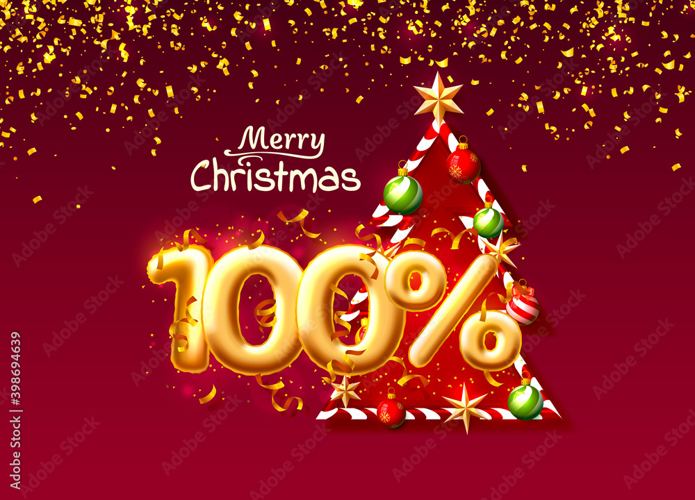 Merry Christmas, sale 100 off ballon number on the red background.