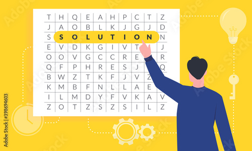 Business man finding the new ideas and solution illustration. Highlighted word solution in the mess crossword game. Entrepreneur searching the key to solve the problem in challenging times