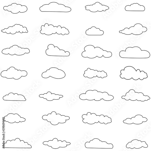 Outline cloud icons set isolated on white background. Collection of different black clouds. Cartoon contour icons for web site, background template, wallpaper and sky design. Clouds thin line vector