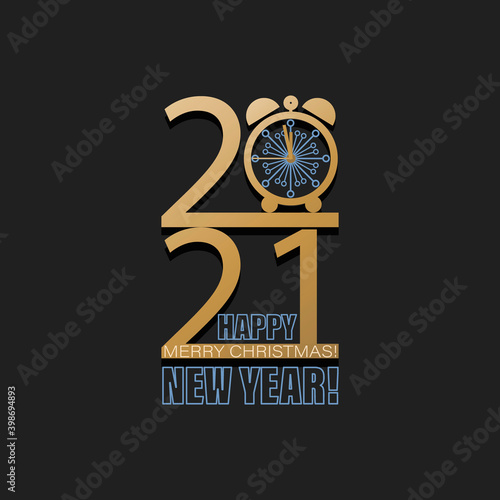 New Year 2021. Holidays time. Vector large numbers, clock face with snowflakes. Logo, emblem. Cover of business diary, calendar, banner with snowflakes, modern gold shape on black background.
