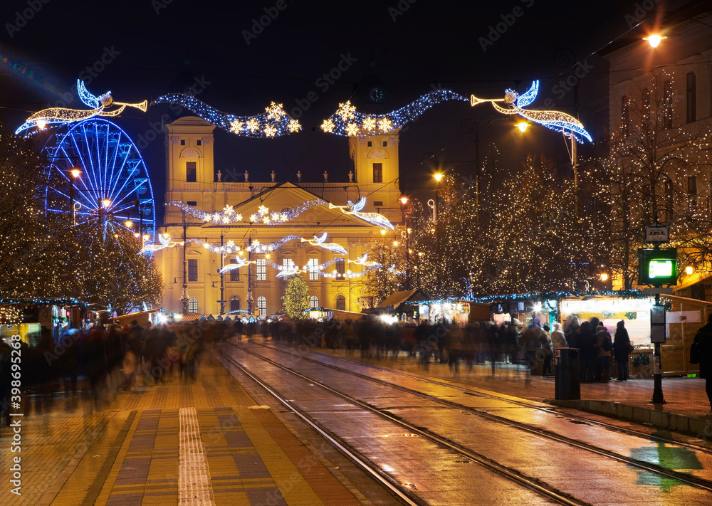 Fototapeta premium Holiday decorations of Kossuth square in Debrecen. Hungary