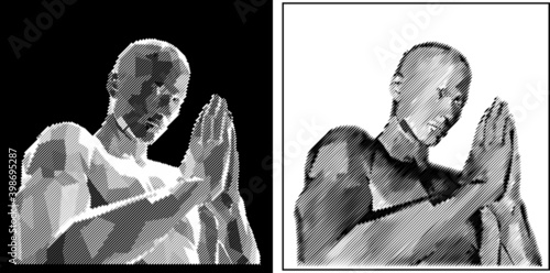 Prayer. Namaste. Vector man with folded palms and bowed head. Classic b/w 