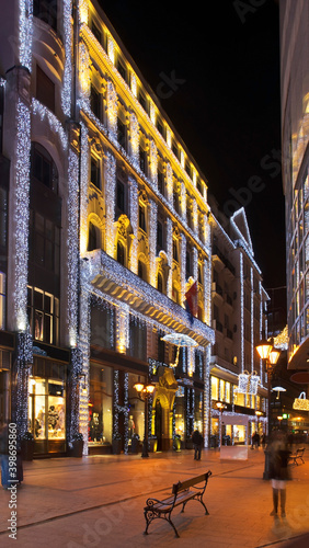 Photography Holiday decorations of  Deak Ferenc street in Budapest. Hungary