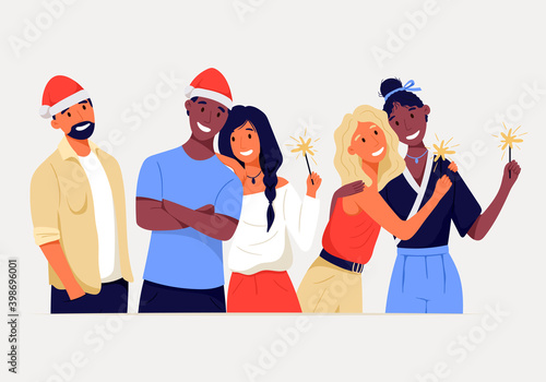 Group of happy standing isolated people. Cheerful friends celebrate Christmas or New Year with a company. Sparklers in hands and a Santa hat. Lesbian, African American and European couple.
