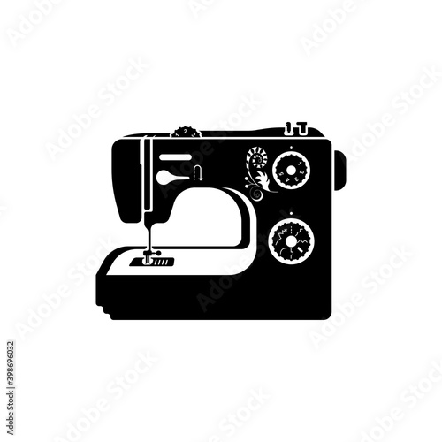 Black icon sewing machine isolated on background. Vector illustration flat design. Tool for the tailor and seamstress. Sewing shop equipment.