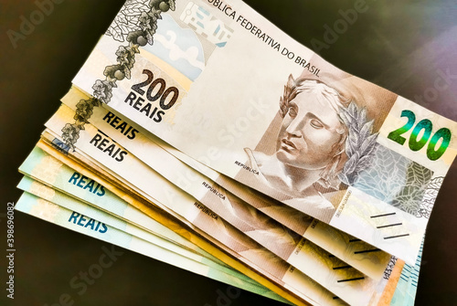 Money in Brazil. 200 Brazilian banknotes Reaís Real R$ BRL. photo