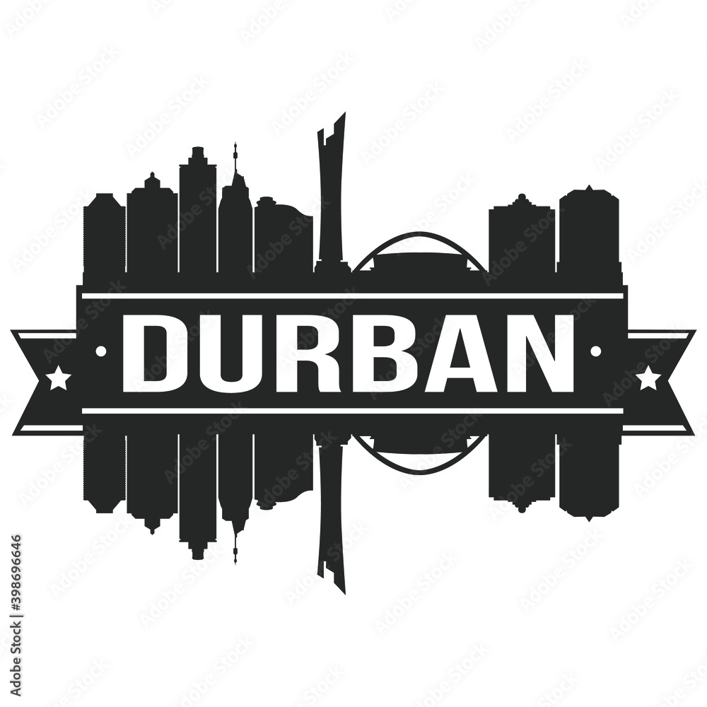 Durban South Africa Skyline Silhouette Design City Vector Art Famous Buildings Stamp Stencil.