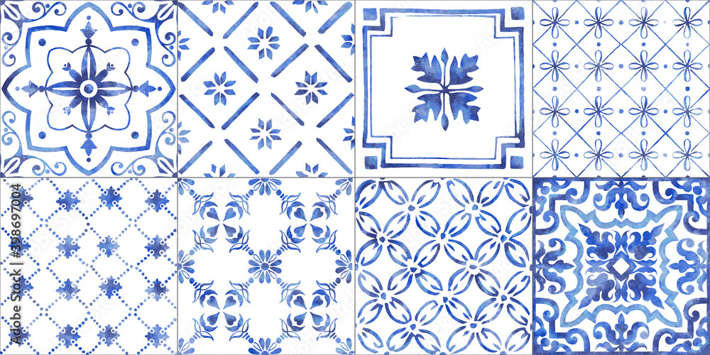 Italian ceramic tile pattern. Ethnic folk ornament. Mexican talavera, Portuguese azulejo or Spanish majolica. - obrazy, fototapety, plakaty 