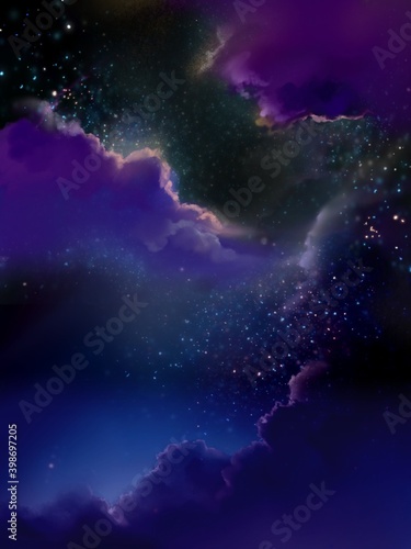 An illustration of Starry night sky and purple cloudscape without moon