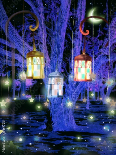 Illustration of an old tree shining purple in the dark and three colorful classical lamps and shooting stars hung on it