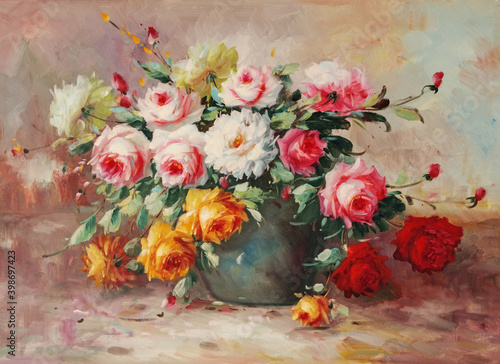 Fotografiet Still life vase with roses. Oil painting picture