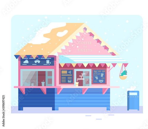 Fototapeta Naklejka Na Ścianę i Meble -  Vector illustration of street cafe in flat style. Coffee and sweets shop in winter. Fast food shop with menu board and decorations.