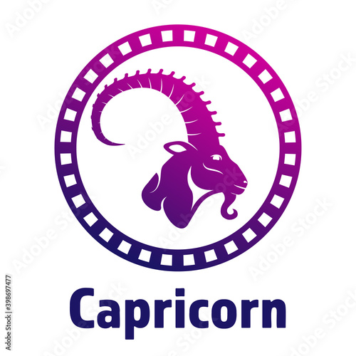 Black zodiac sign Capricorn depicting a goat head with huge horn in a circle. Side view. Illustration of an astrology sign. Vector flat design icon of a Mountain goat