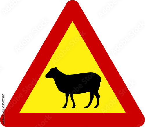 Warning sign with sheeps on road photo