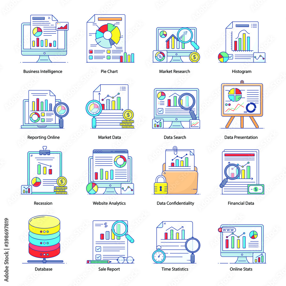 
Pack of Finance and Online Reporting Flat Outline Concept Icons 
