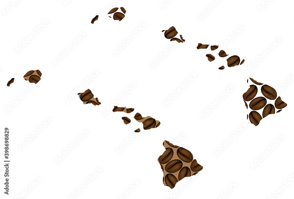 Hawaii (United States of America) - map of coffee bean, State of Hawaii map made of coffee beans, Hawaii (United States of America) - map of coffee bean, State of Hawaii map made of coffee beans,