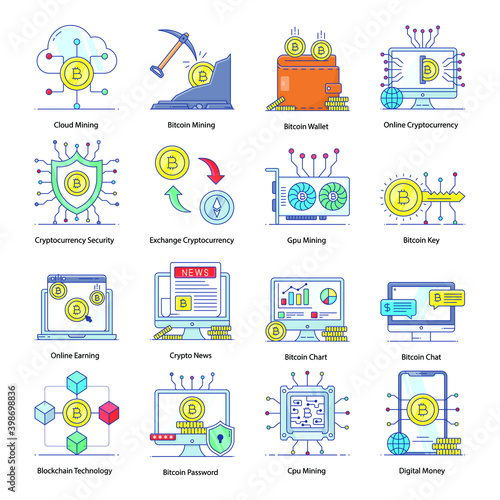 Cryptocurrency and Blockchain Filled Outline Vectors
