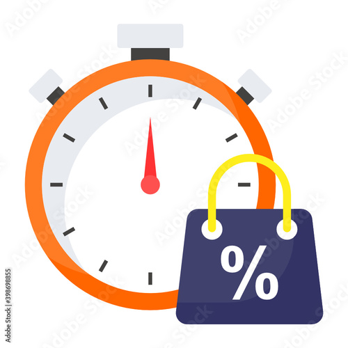 Limited Time Offer Concept, Clock with Shopping bag Vector Color Icon Design, Winter Fall Sales Elements Symbol on white background, Year End Promotion Sign, Shopping Season Discount Template,