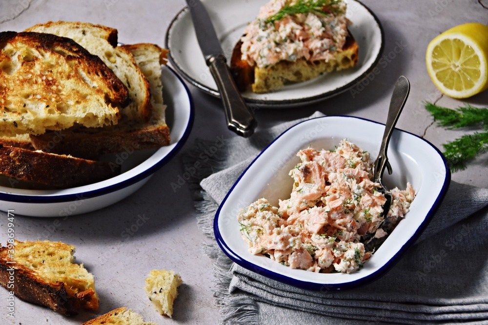 Salmon pate spread with sourdough bread toasts 