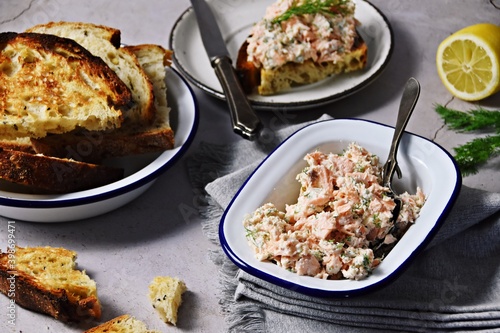 Salmon pate spread with sourdough bread toasts 