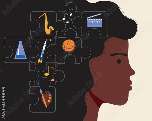 Afro woman head as concept of black history month, afro people achievements, career choice, flat vector stock illustration with basketball, saxophone, science