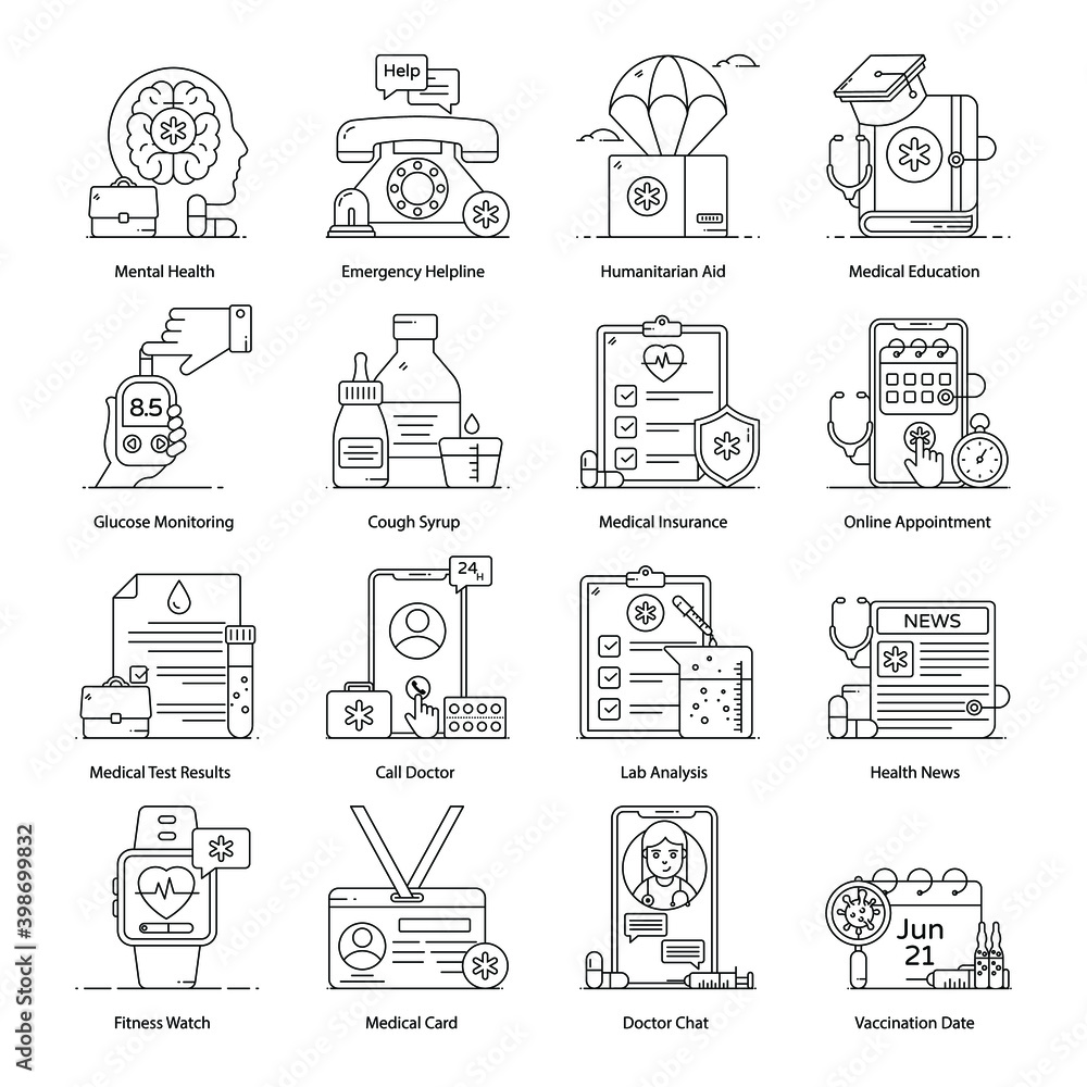Fototapeta premium Pack of Online Healthcare Flat Outline Vectors 
