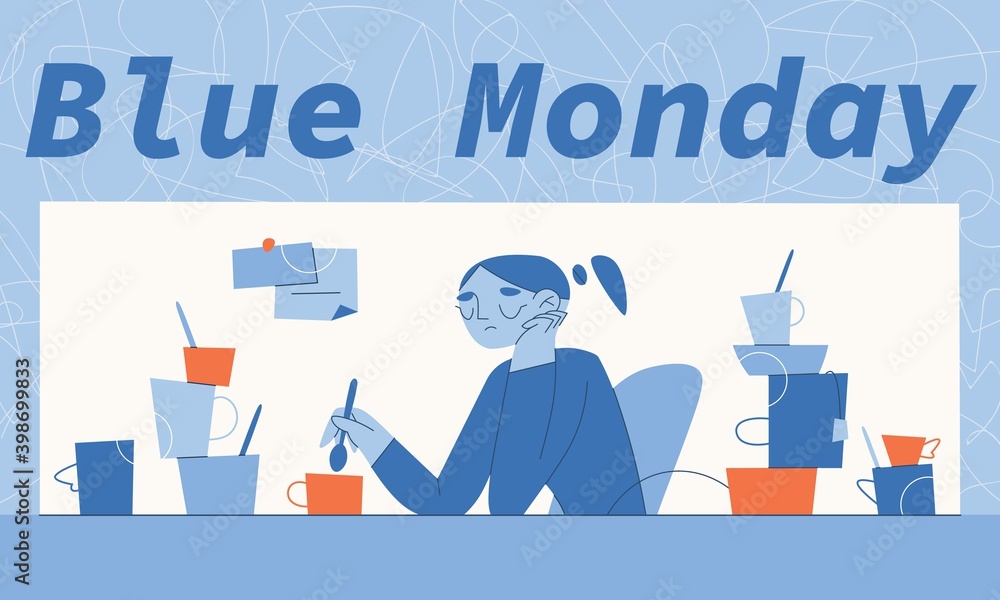 Upset girl surrounded by a bunch of cups of tea or coffee. Blue Monday horizontal vector illustration showing the dependence of mental health with weather and the end of a year Upset girl surrounded by a bunch of cups of tea or coffee. Blue Monday horizontal vector illustration showing the dependence of mental health with weather and the end of a year