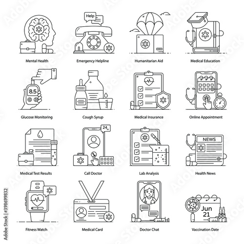 
Pack of Online Healthcare Flat Outline Vectors
