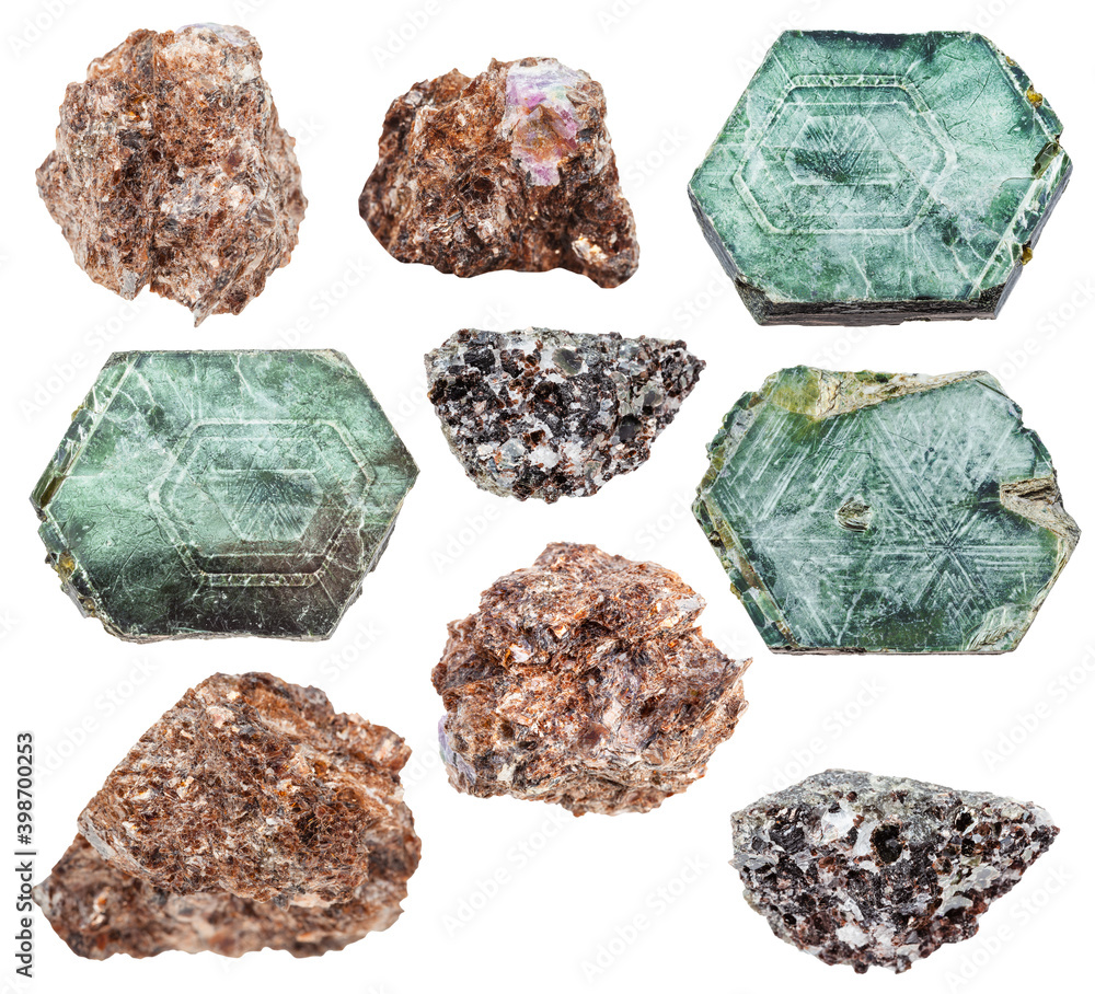 collage from various Phlogopite (magnesium mica) natural mineral stones and samples of rock isolated on white background collage from various Phlogopite (magnesium mica) natural mineral stones and samples of rock isolated on white background