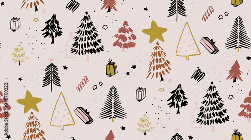 Merry christmas winter tree print, seamless winter happy holidays doodle pattern . December pine tree branch, holidays gift ornaments.