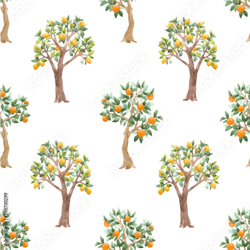 Beautiful vector seamless pattern with cute watercolor fruit trees. Stock orchard illustration.