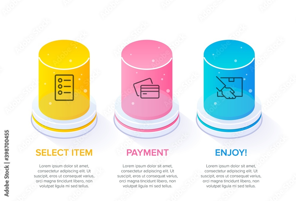 Concept of shopping process with 3 successive steps. Three colorful graphic elements. Timeline design for brochure, presentation, web site. Infographic design layout. Concept of shopping process with 3 successive steps. Three colorful graphic elements. Timeline design for brochure, presentation, web site. Infographic design layout.
