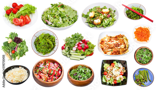 collection of various vegetable salads isolated on white background