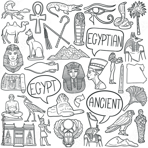 Egypt doodle icon set. Egyptian Vector illustration collection. Ancient Culture Banner Hand drawn Line art style.